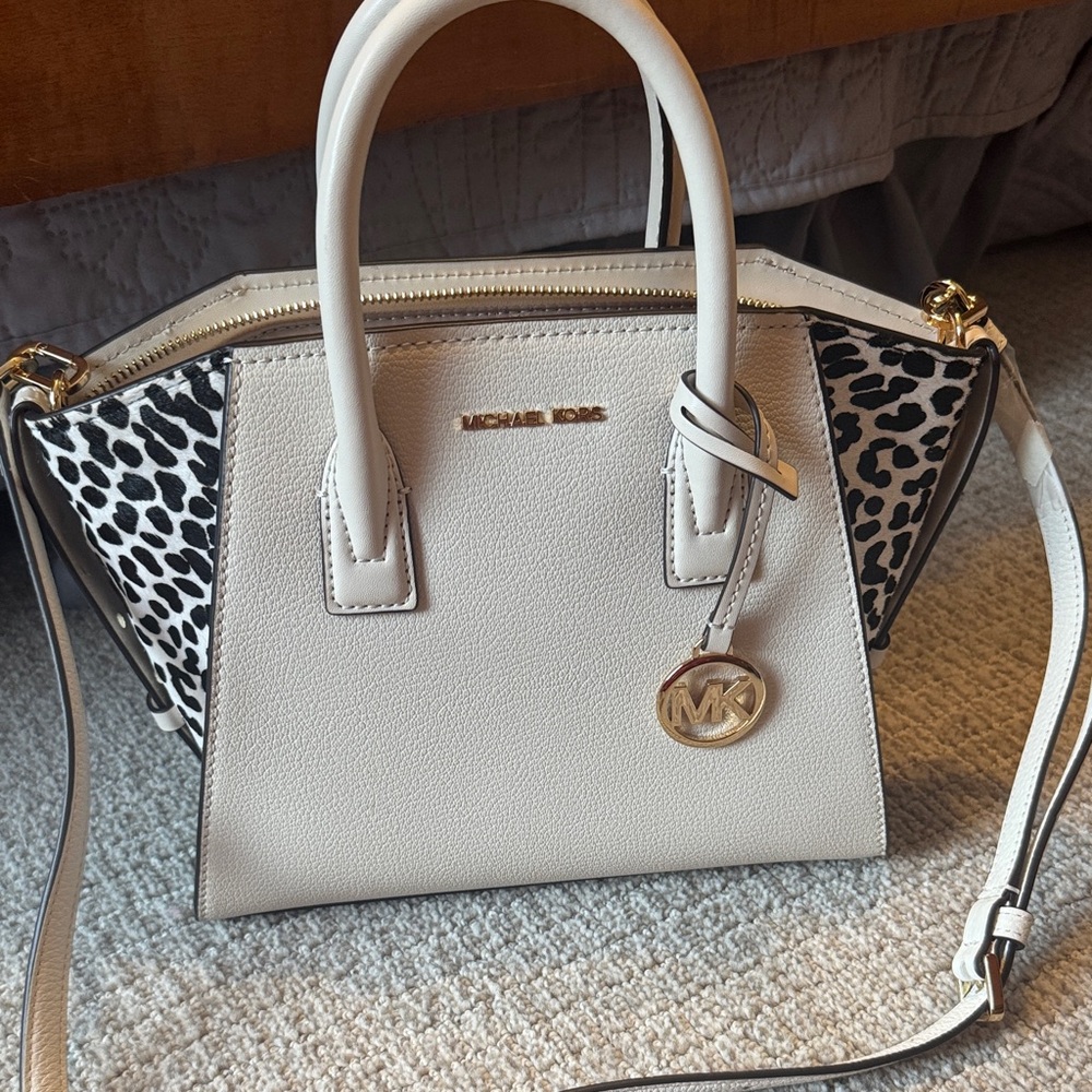 Michael Kors Cream Leather Satchel with Black & White Animal Print Panels